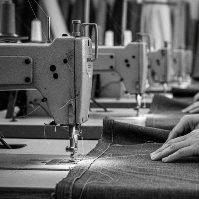 generate a closeup image of people in fabric factor working with fabric,make it grayscale
