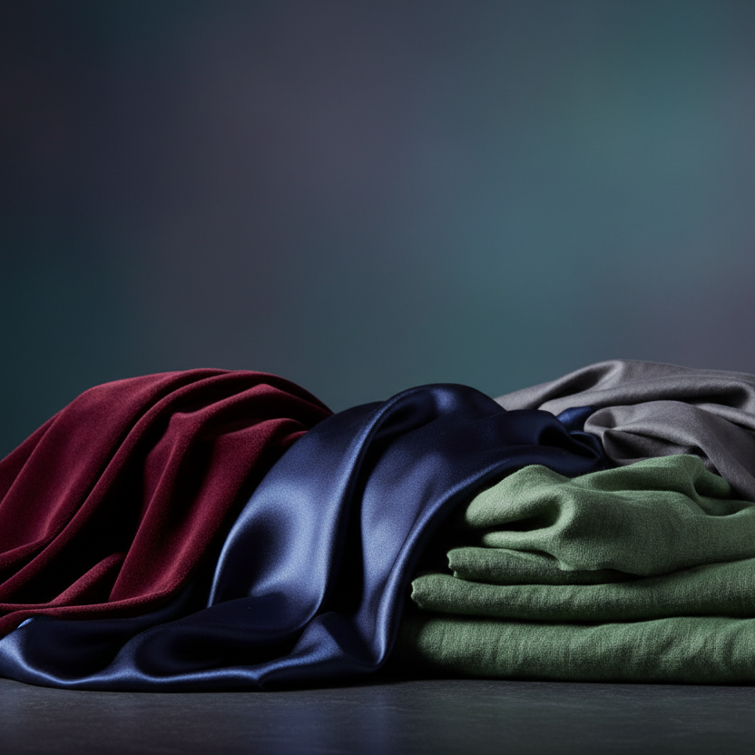 generate an image with 3 to 4 piles of fabrics with deep tones in background