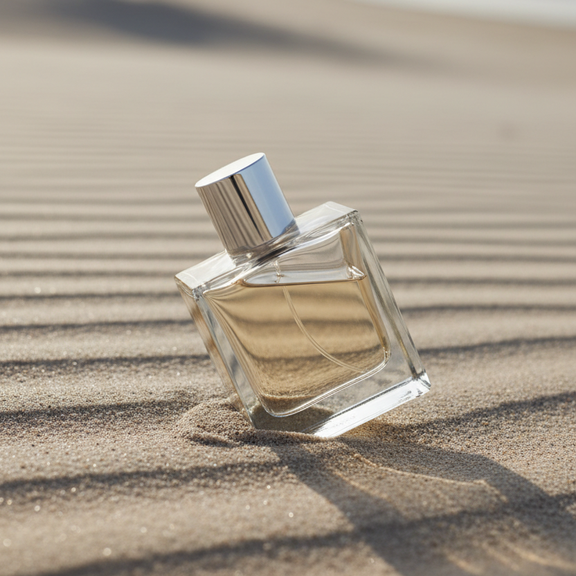 Minimalist perfume bottle on sandy beach